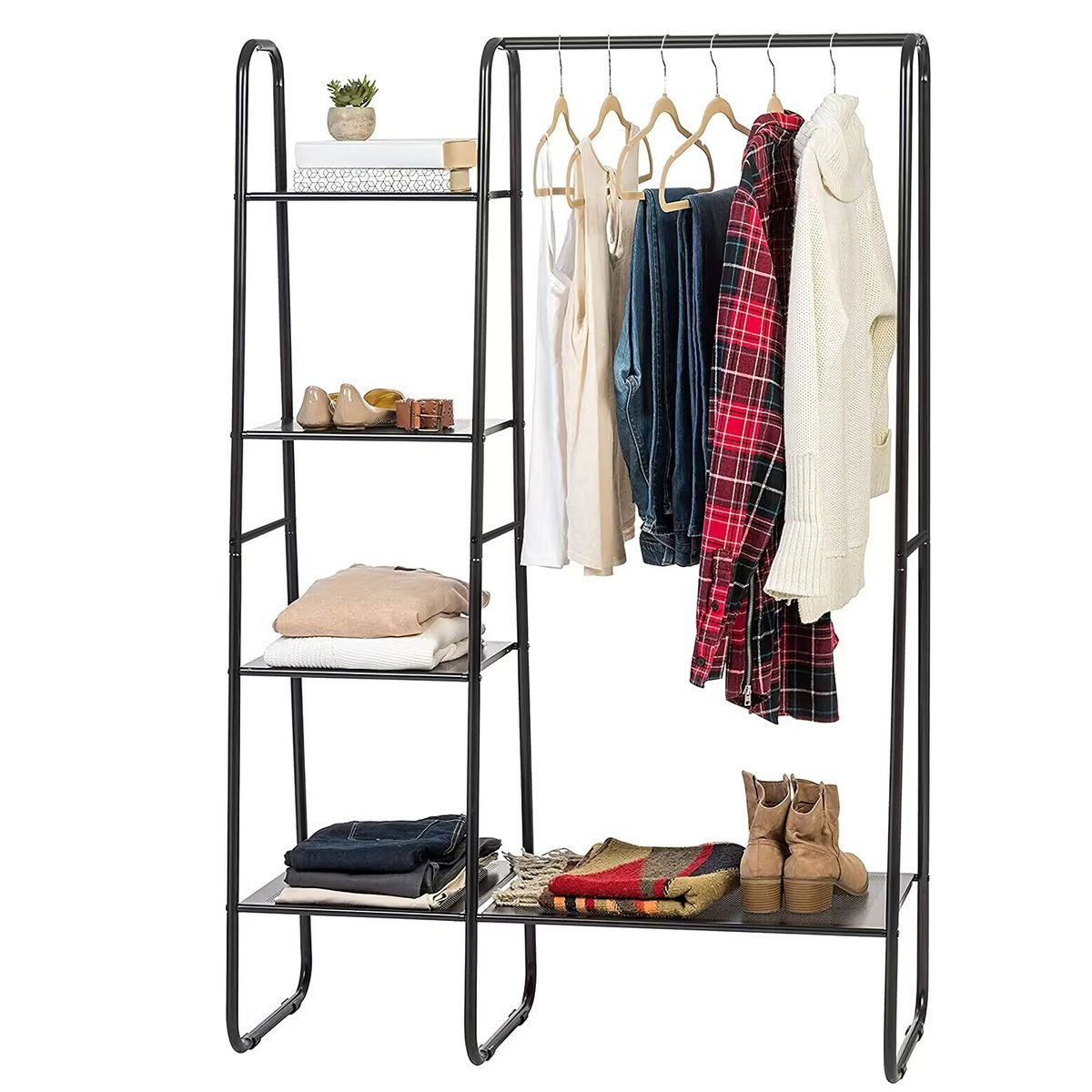 Metal Garment Rack with Hanging Rod and 5 Mesh Shelves product image