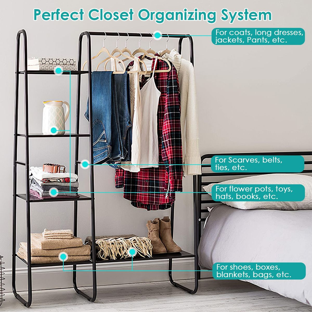 Metal Garment Rack with Hanging Rod and 5 Mesh Shelves product image