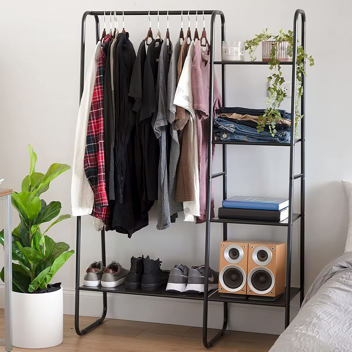 Metal Garment Rack with Hanging Rod and 5 Mesh Shelves product image