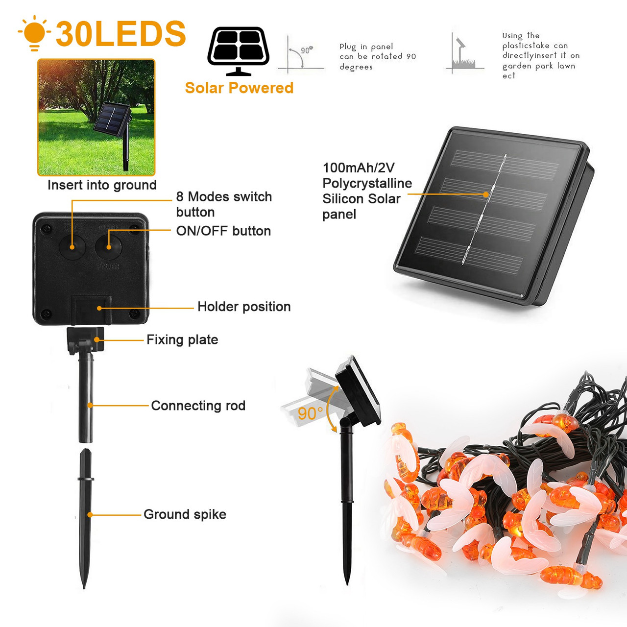 Solarek® LED Solar-Powered String Bee Lights product image