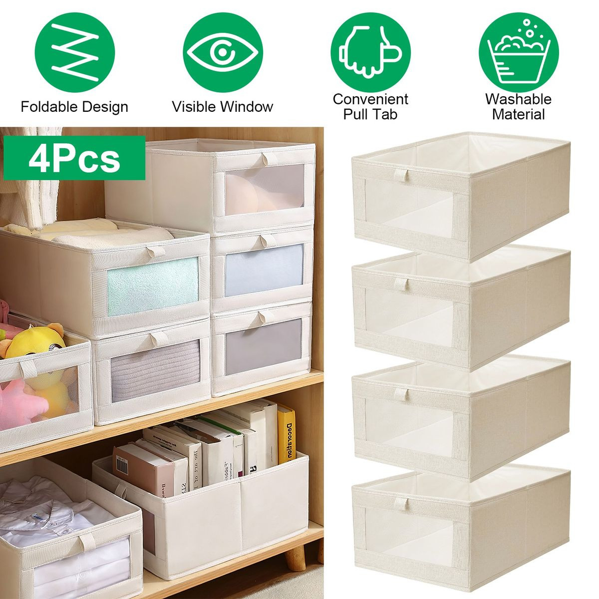 Foldable Linen Closet Storage Bin with Clear Window and Handle (4-Pack) product image