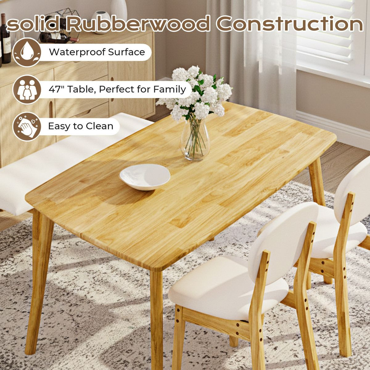 Solid Wood Dining Table with Padded Chairs and Bench product image