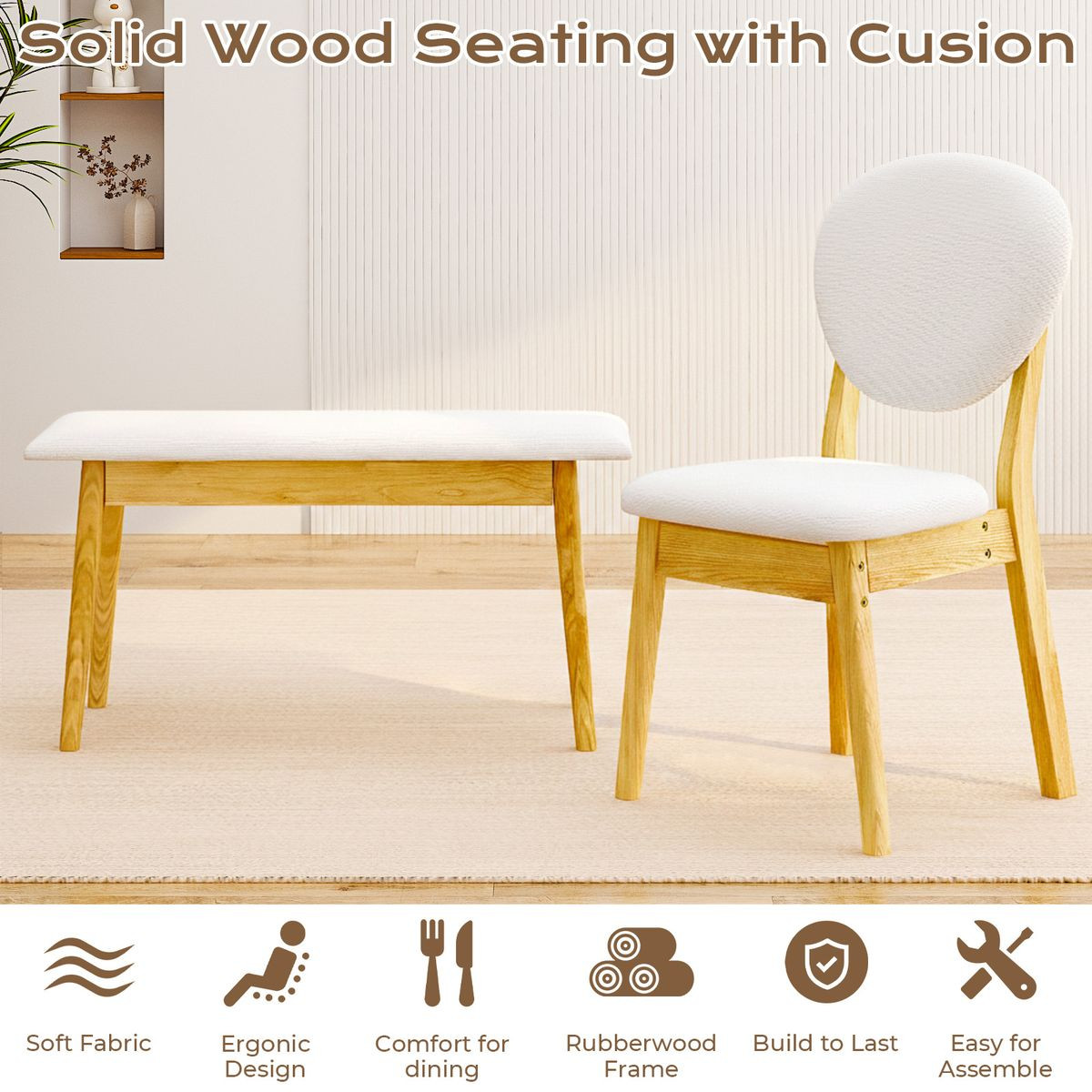 Solid Wood Dining Table with Padded Chairs and Bench product image