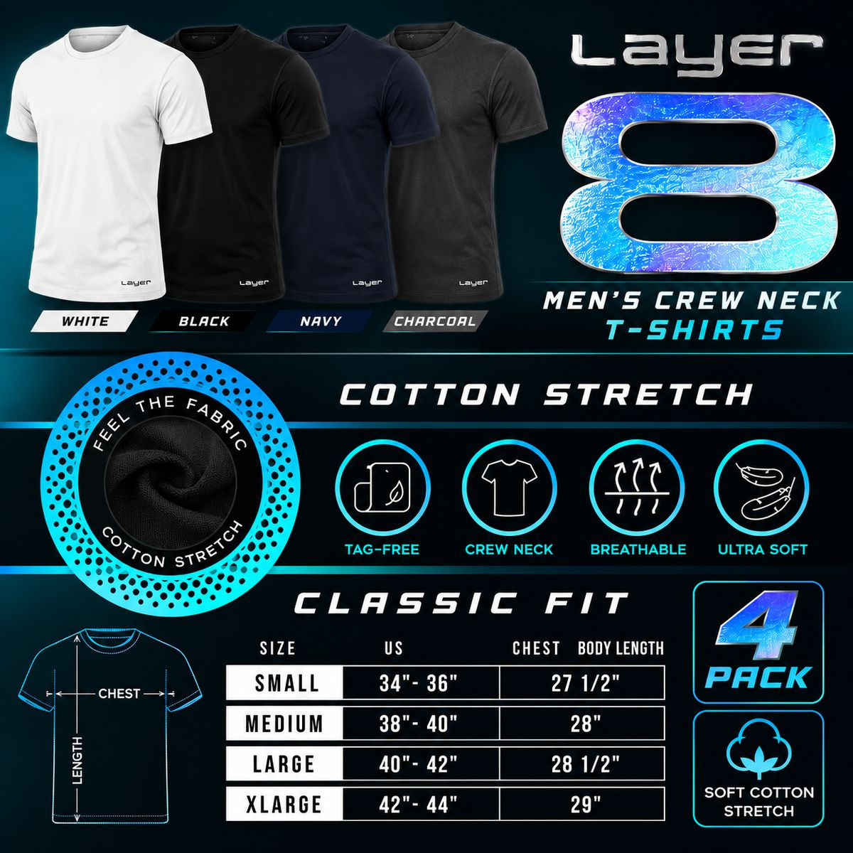Layer 8 Men's Classic Fit Crew Neck T-Shirt (4-Pack) product image