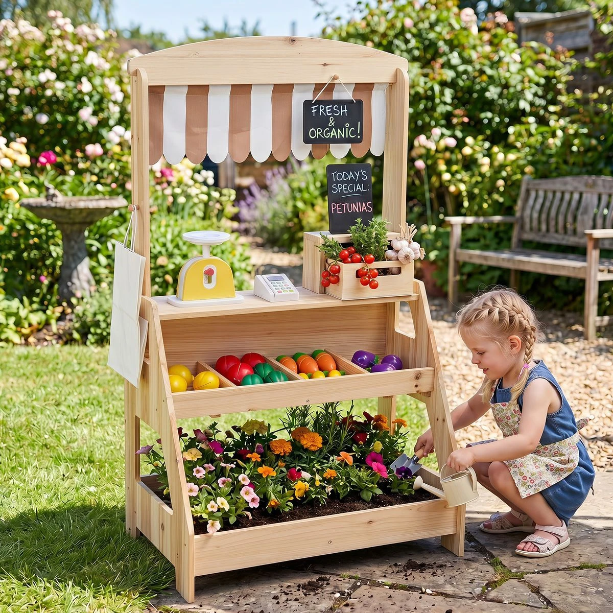2-in-1 Wooden Play Kitchen & Market Stand product image