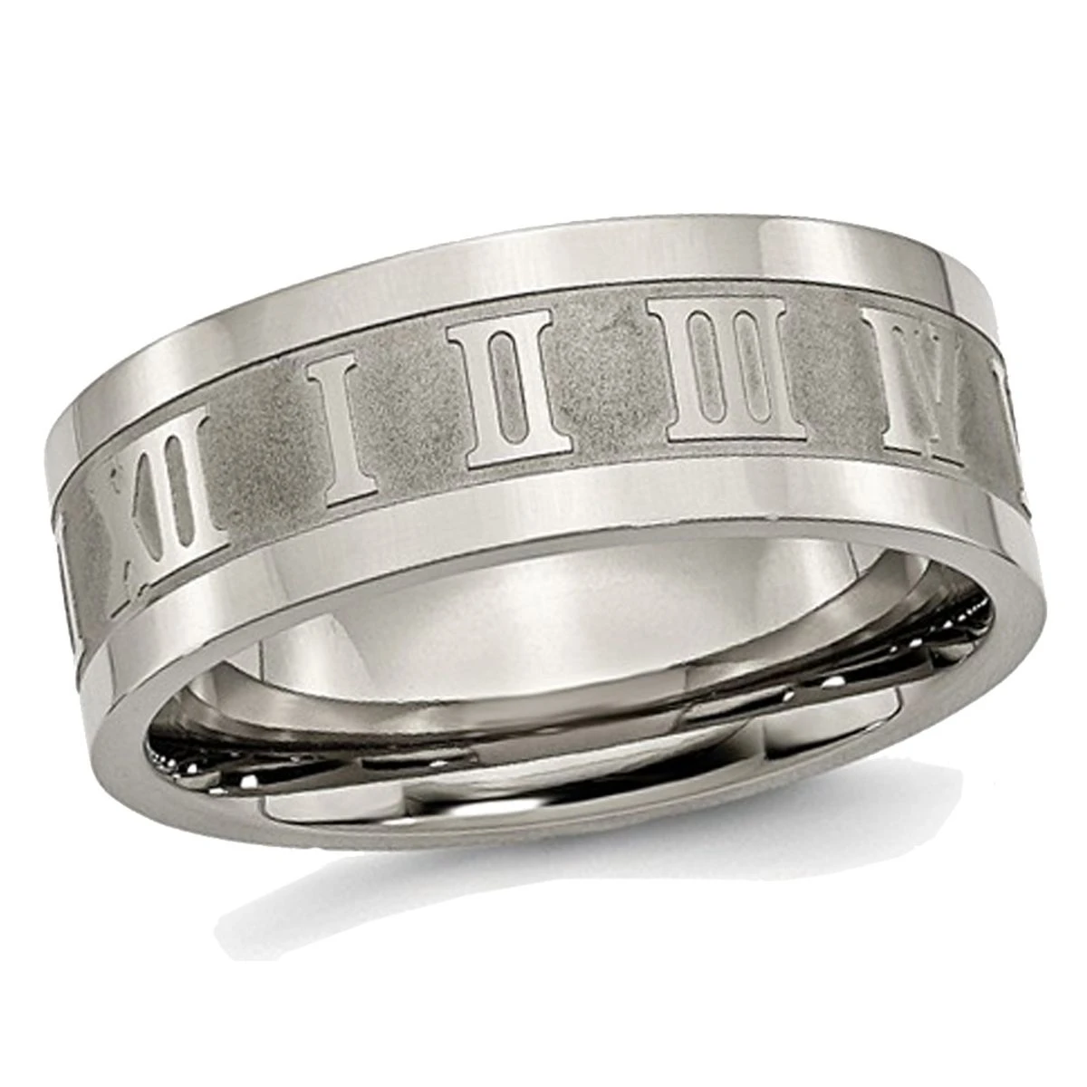 Men's Titanium Roman Numerals 8mm Satin Flat Wedding Band Ring product image