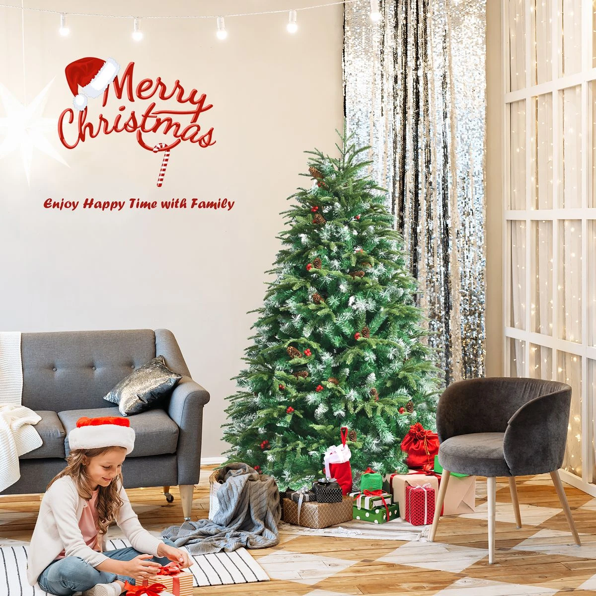 5ft Pre-Lit Snowy Hinged Christmas Tree with 11 Flash Modes and 250 LED Lights product image