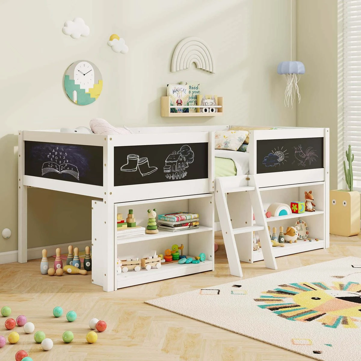 Twin Size Low Loft Bed with Ramp Ladder and Bookcases product image