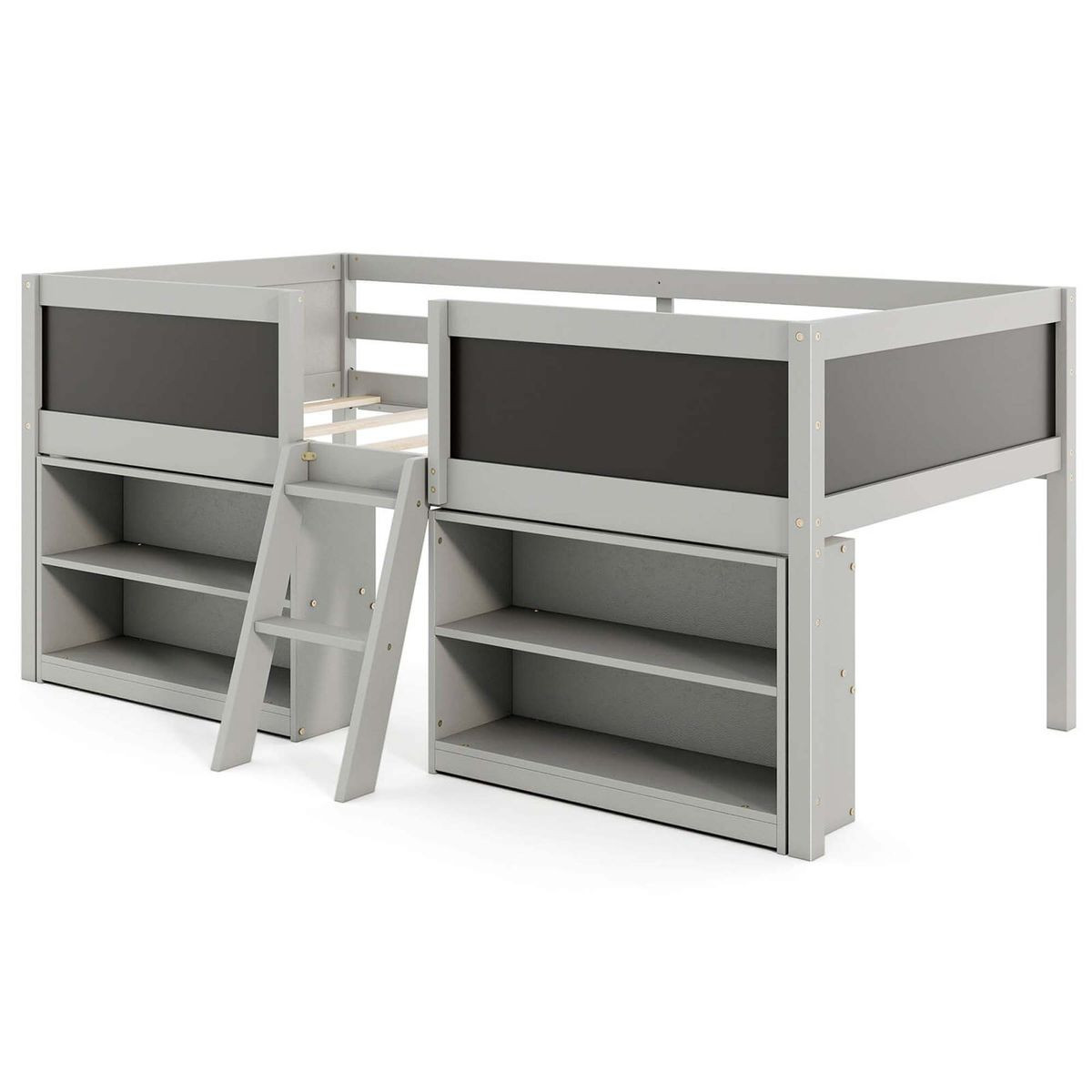 Twin Size Low Loft Bed with Ramp Ladder and Bookcases product image