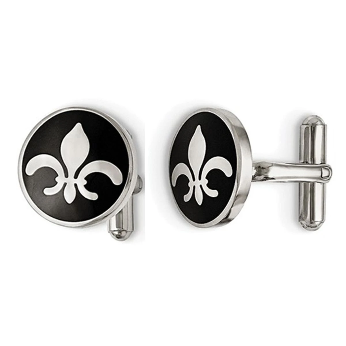 Men's Black Enameled Fleur De Lys Cuff Links in Stainless Steel product image