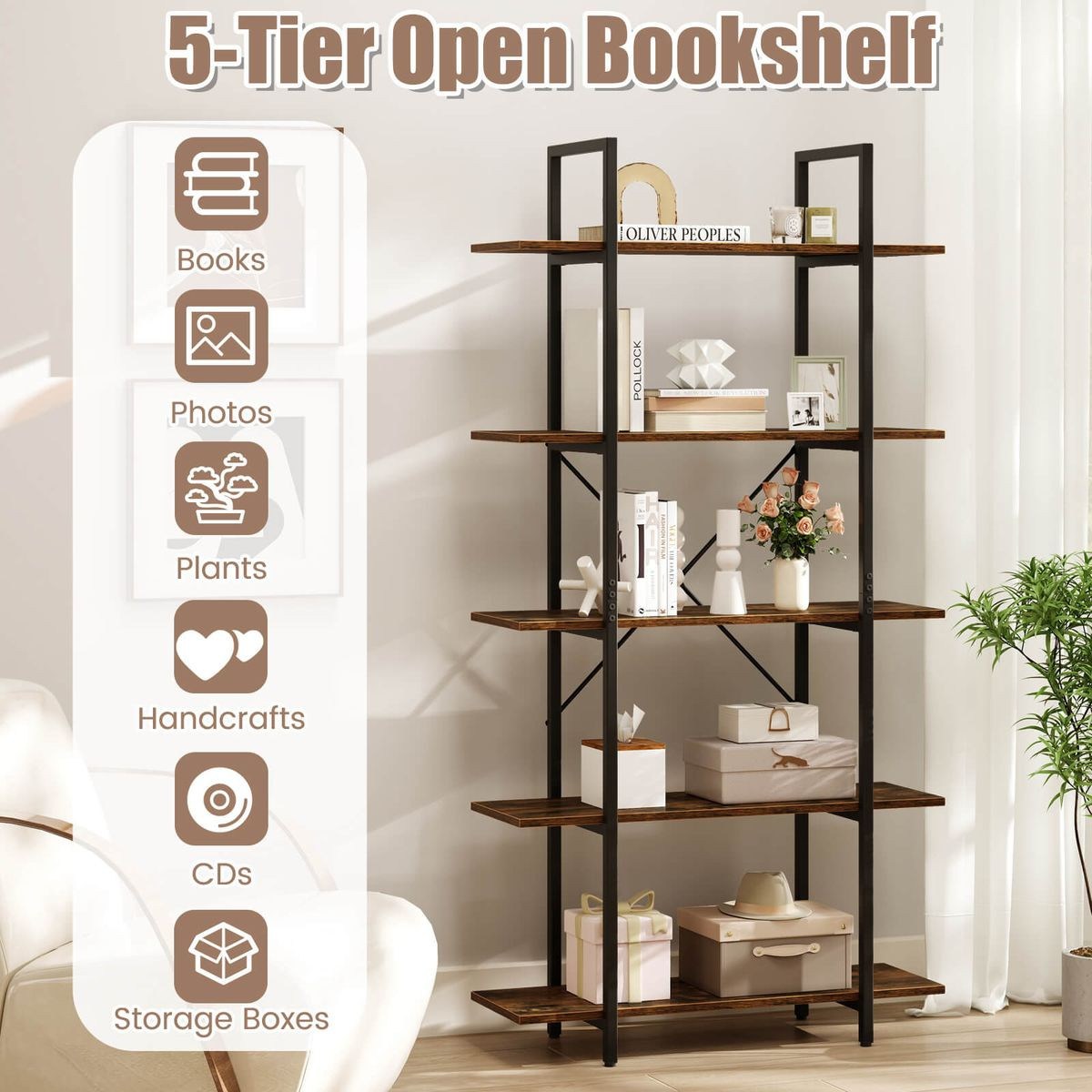 5-Tier 62" Tall Vintage Industrial Bookcase product image