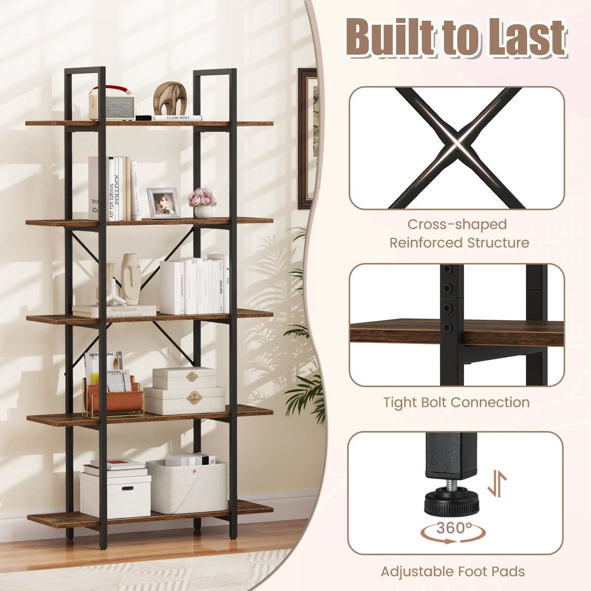 5-Tier 62" Tall Vintage Industrial Bookcase product image