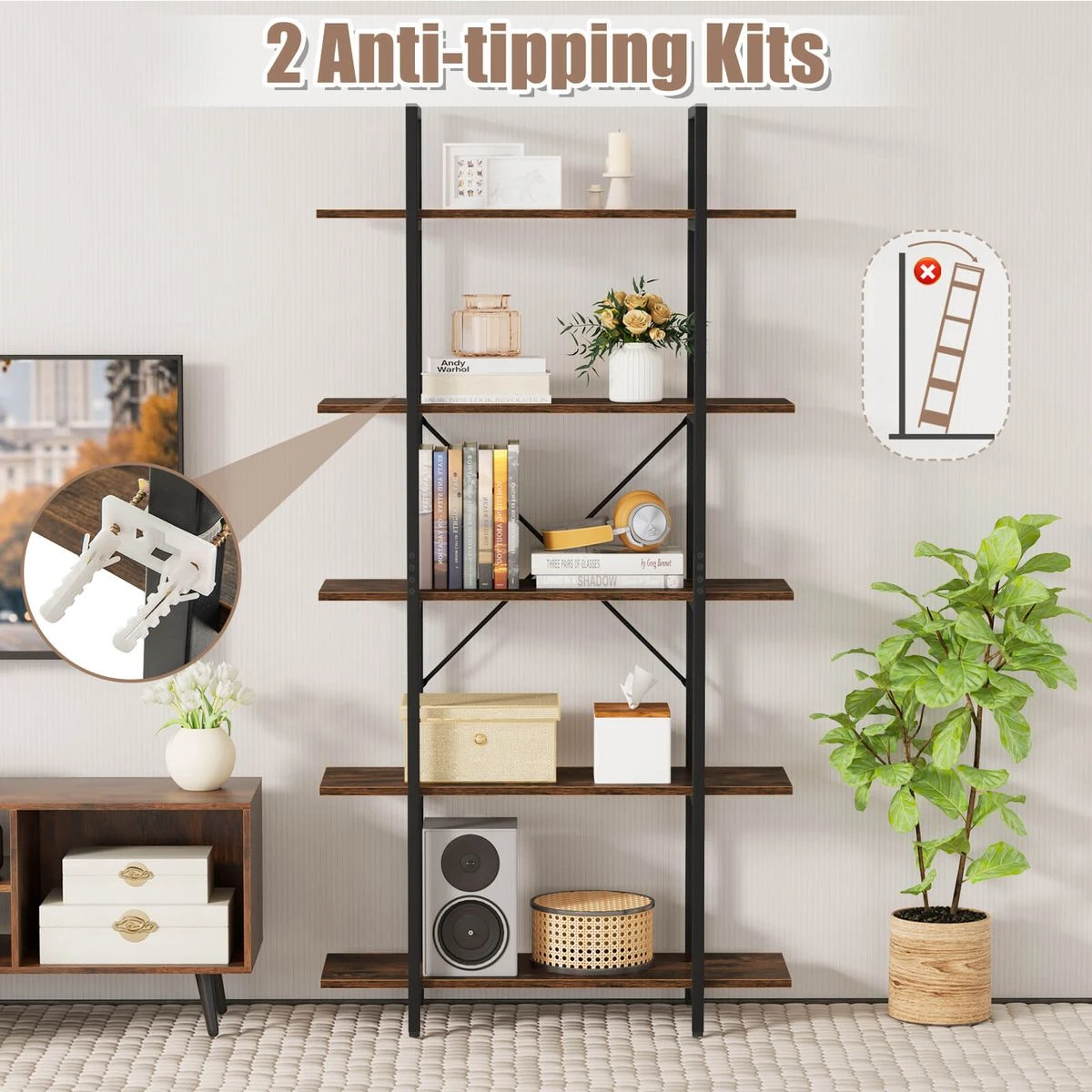 5-Tier 62" Tall Vintage Industrial Bookcase product image