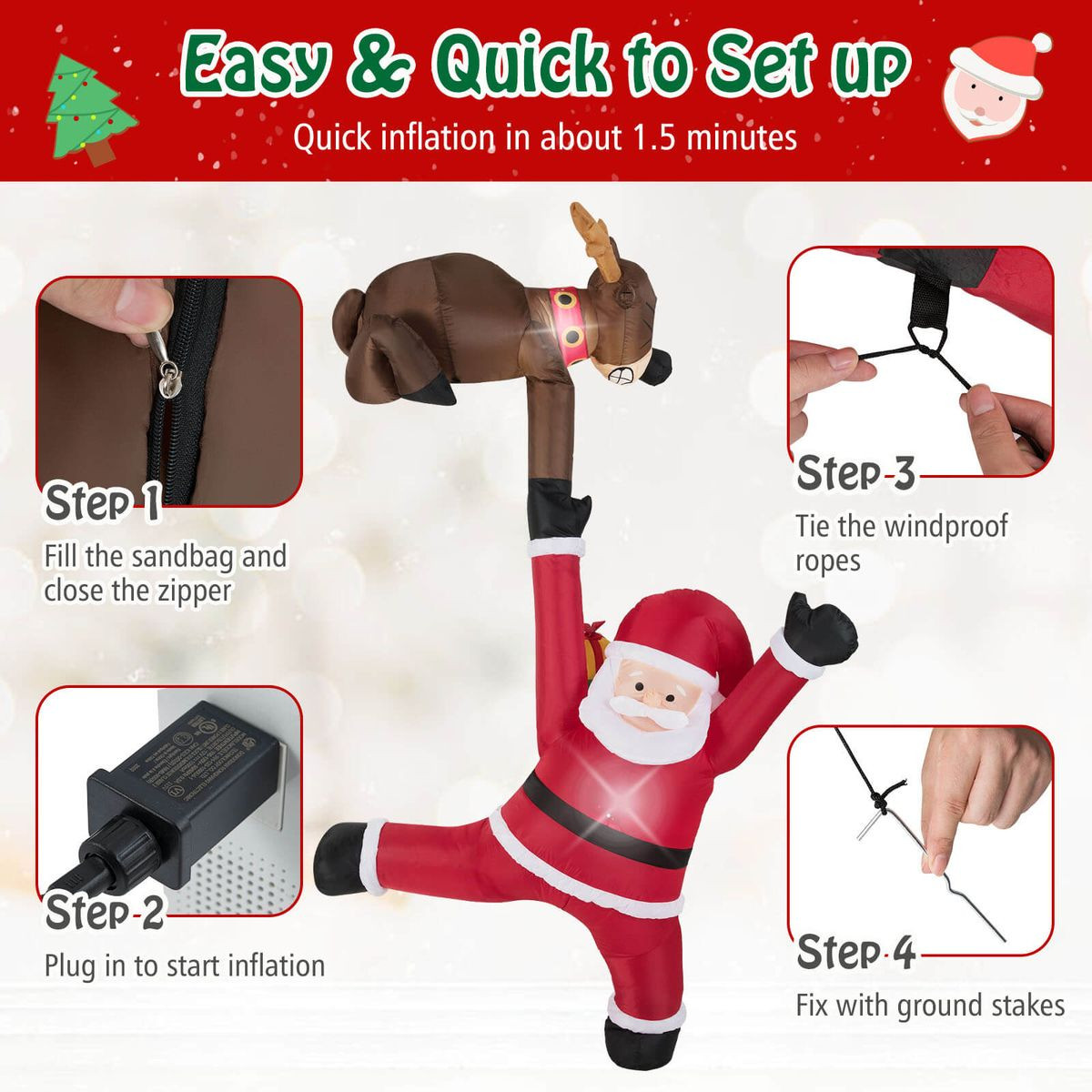 8.5 FT Christmas Inflatable Reindeer and Climbing Santa Claus product image