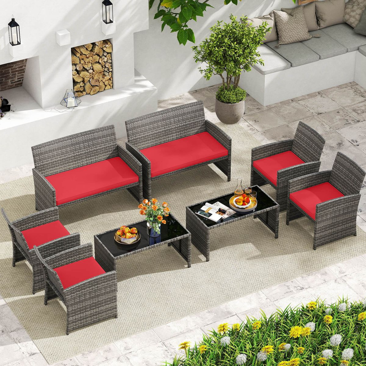 8-Piece Patio Conversation Set with Seat Cushions and Tempered Glass product image