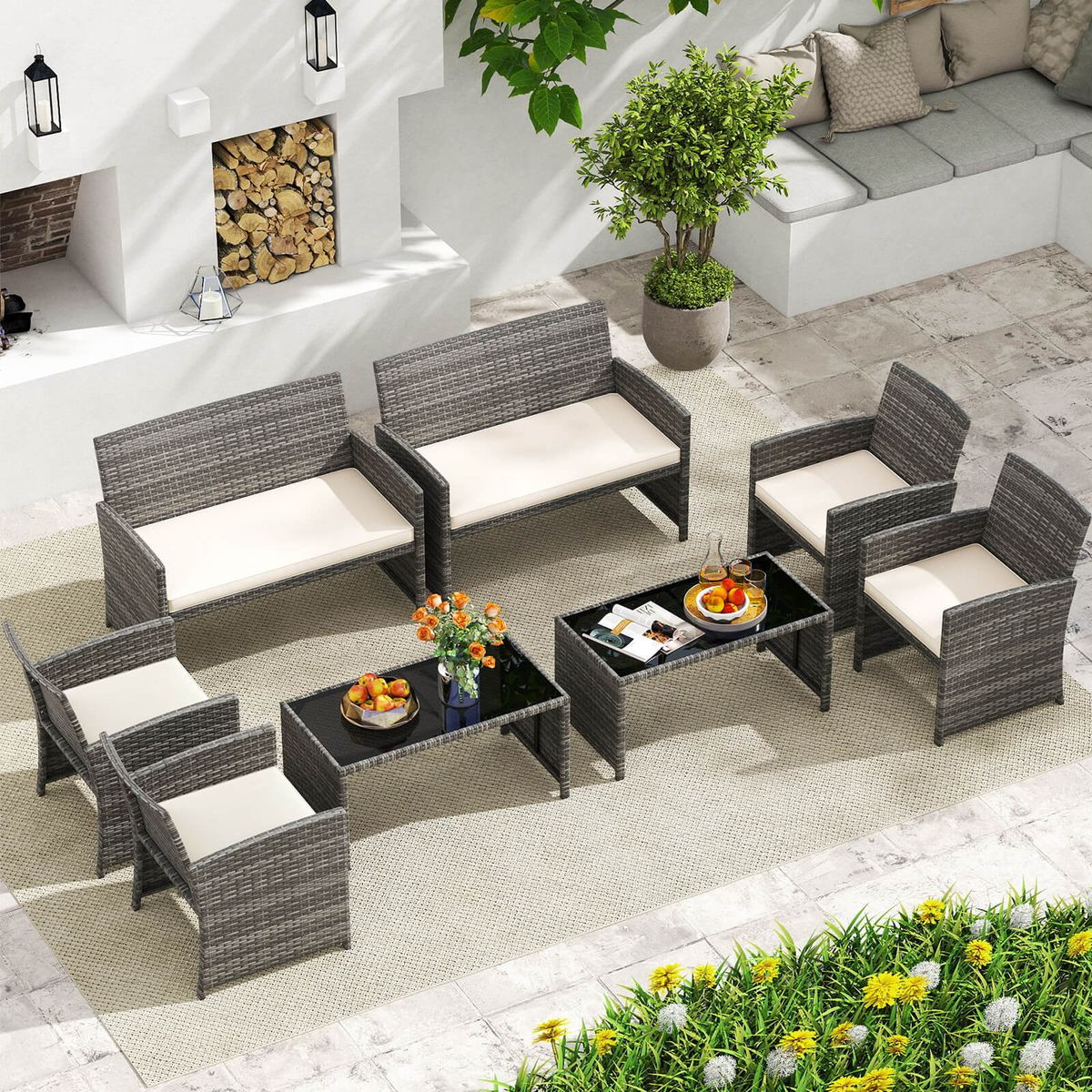 8-Piece Patio Conversation Set with Seat Cushions and Tempered Glass product image