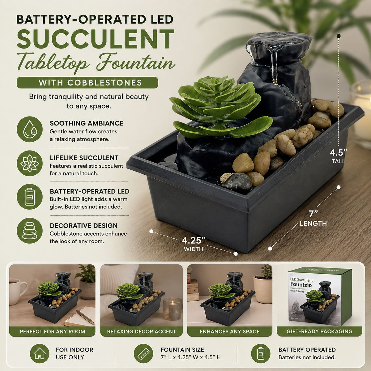 Battery-Operated LED Succulent Tabletop Fountain product image