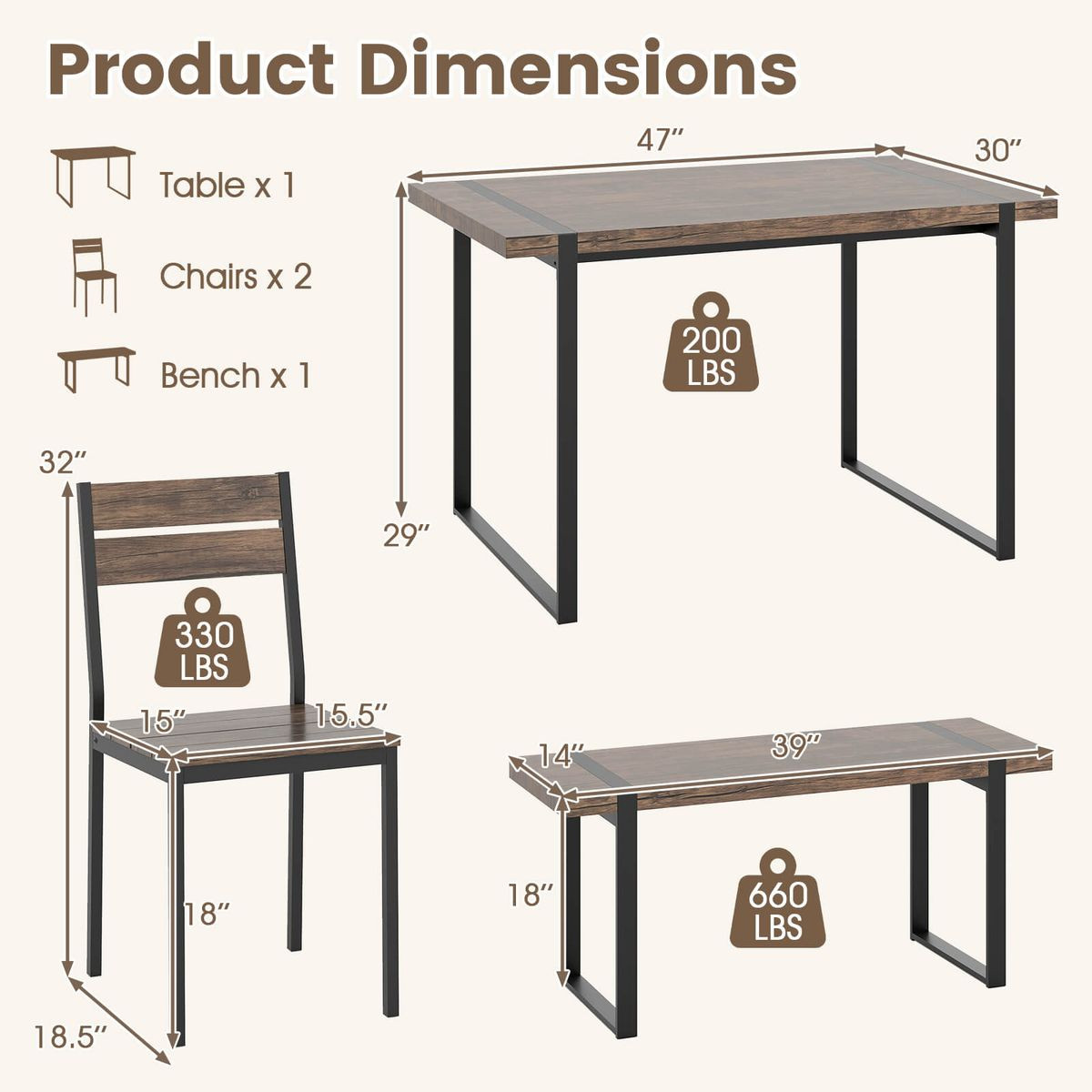 47” Dining Table Set with 2 Chairs and Bench product image
