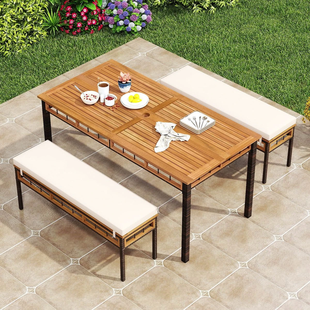 3-Piece Acacia Wood Patio Dining Set with Umbrella Hole and Cushion product image