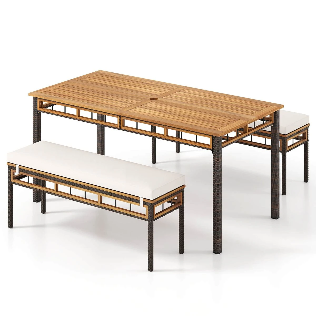 3-Piece Acacia Wood Patio Dining Set with Umbrella Hole and Cushion product image