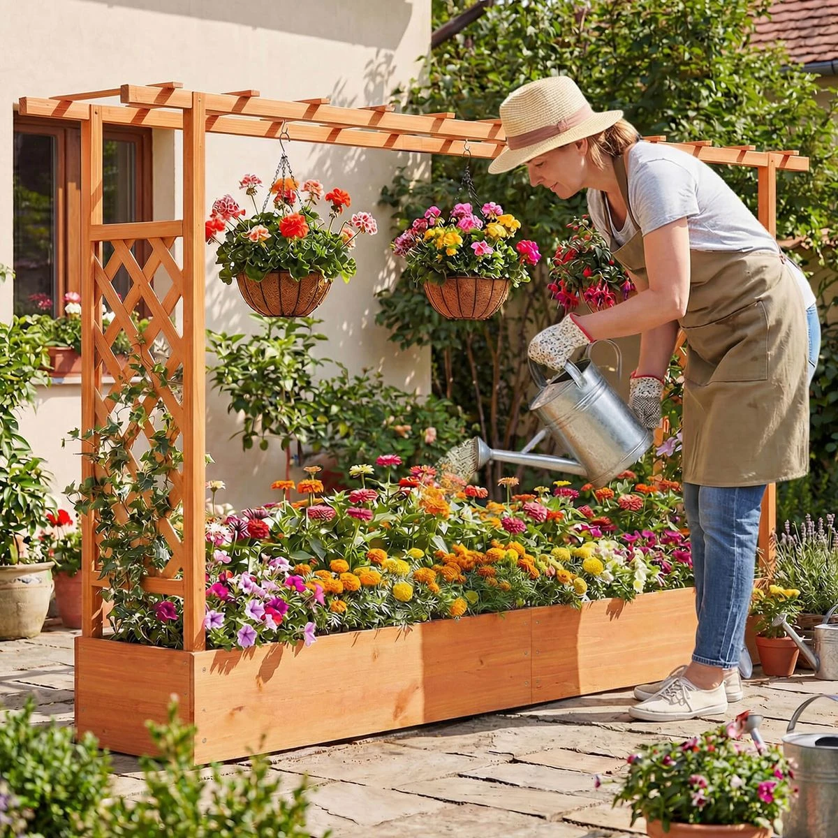 Wooden Raised Garden Bed with Trellis and Hanging Roof product image