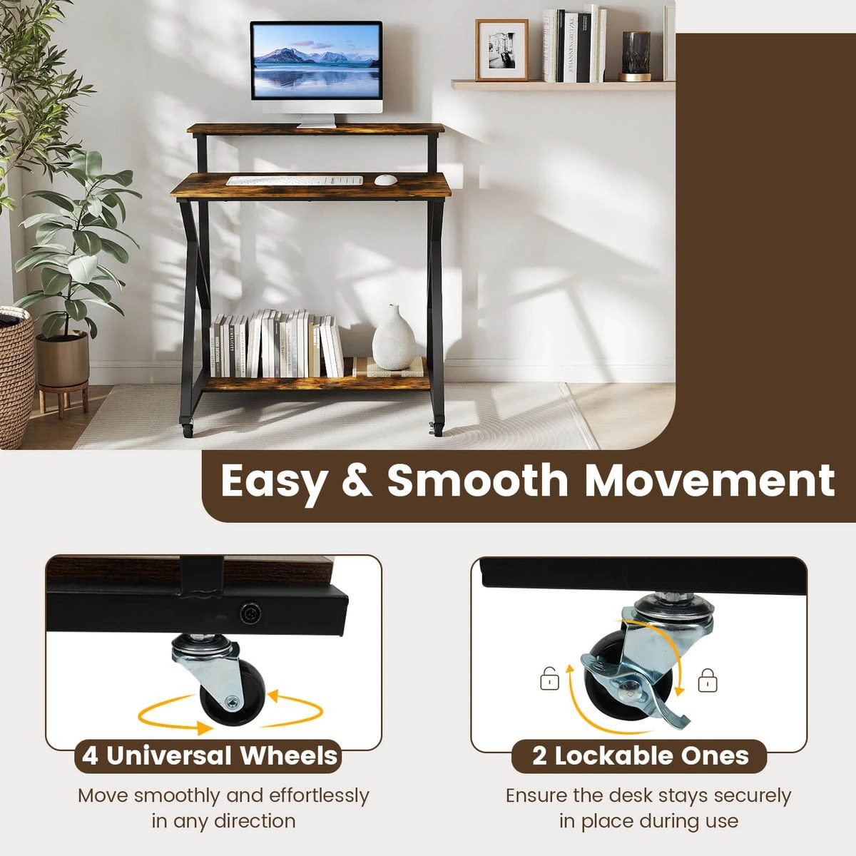 Rolling Computer Desk with Charging Station and Open Storage Shelf product image