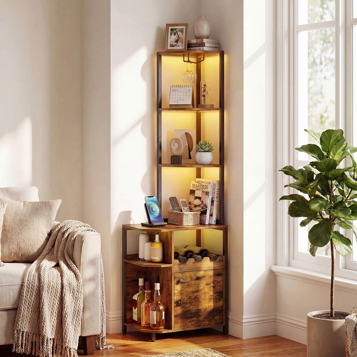 Corner Bar Cabinet with LED Lights and Charging Station product image