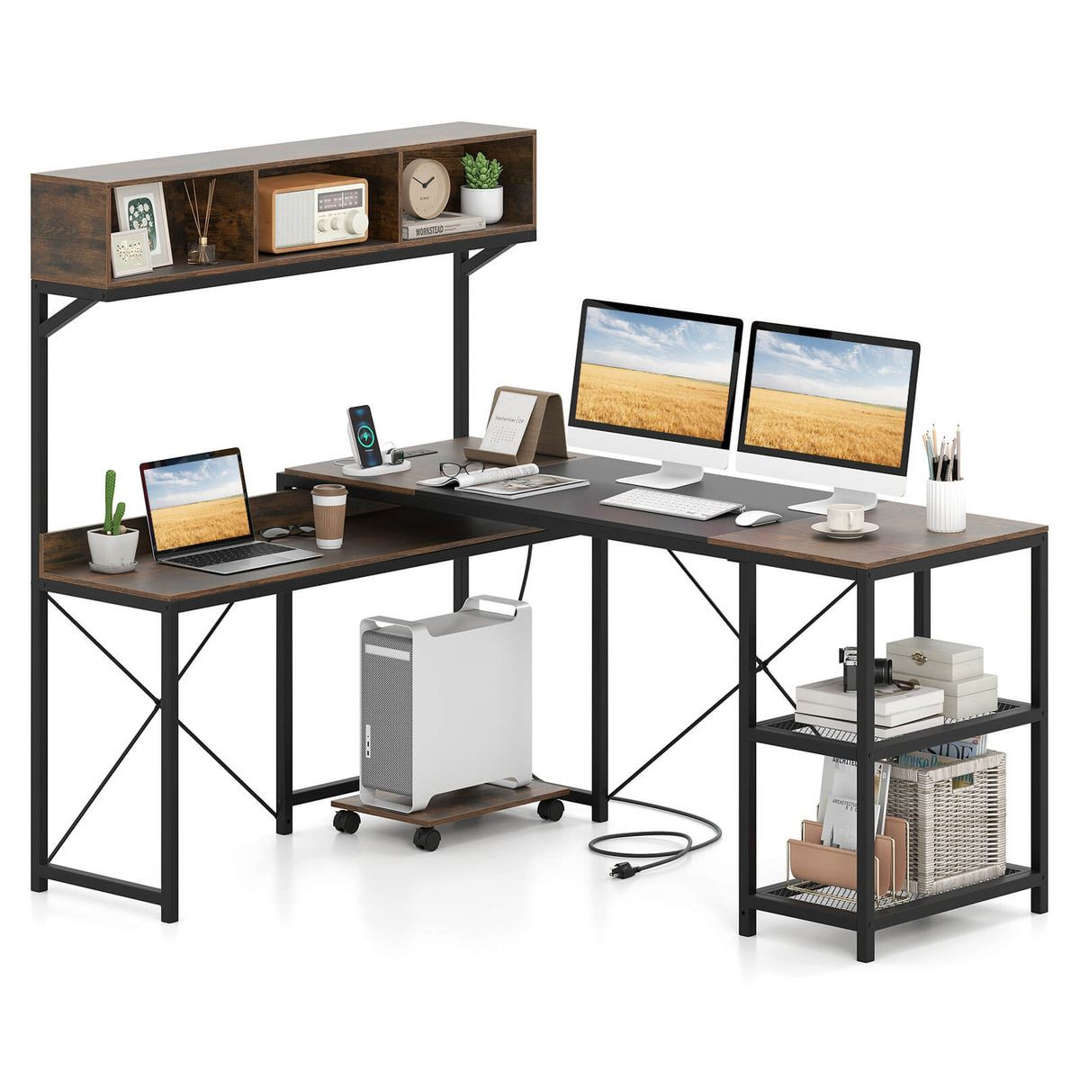  L-Shaped Computer Desk with Power Outlets and 2 Metal Mesh Shelves product image