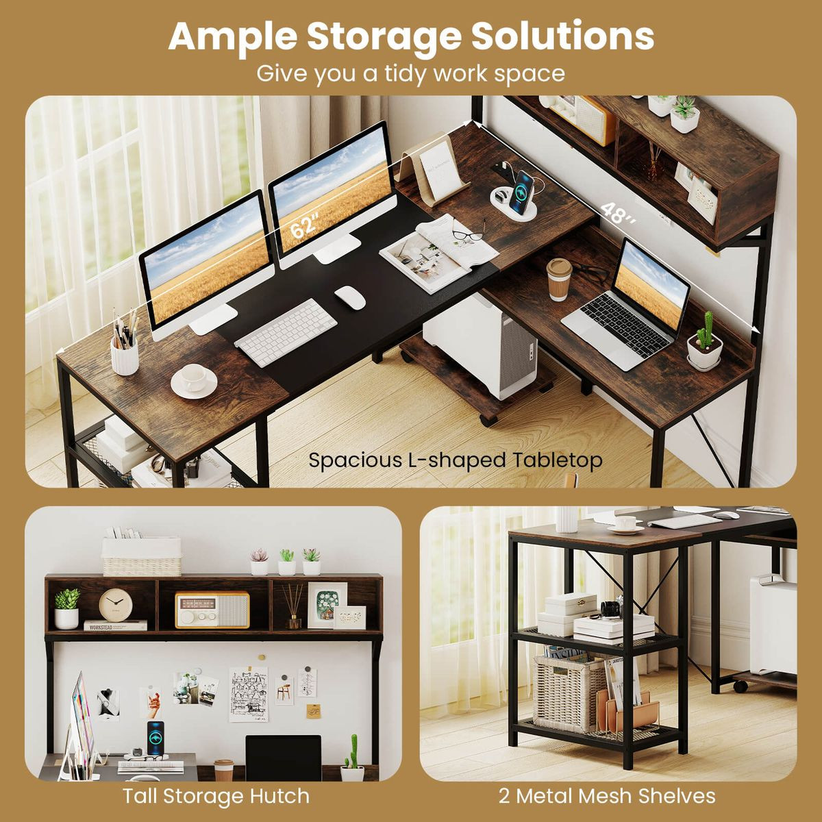  L-Shaped Computer Desk with Power Outlets and 2 Metal Mesh Shelves product image