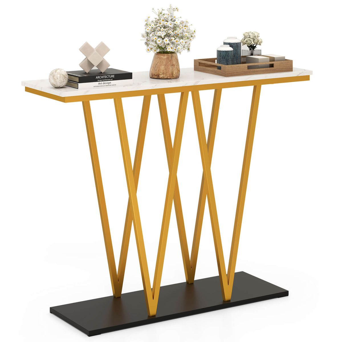 40” Gold Entryway Table with Faux Marble Tabletop and Golden Frame product image
