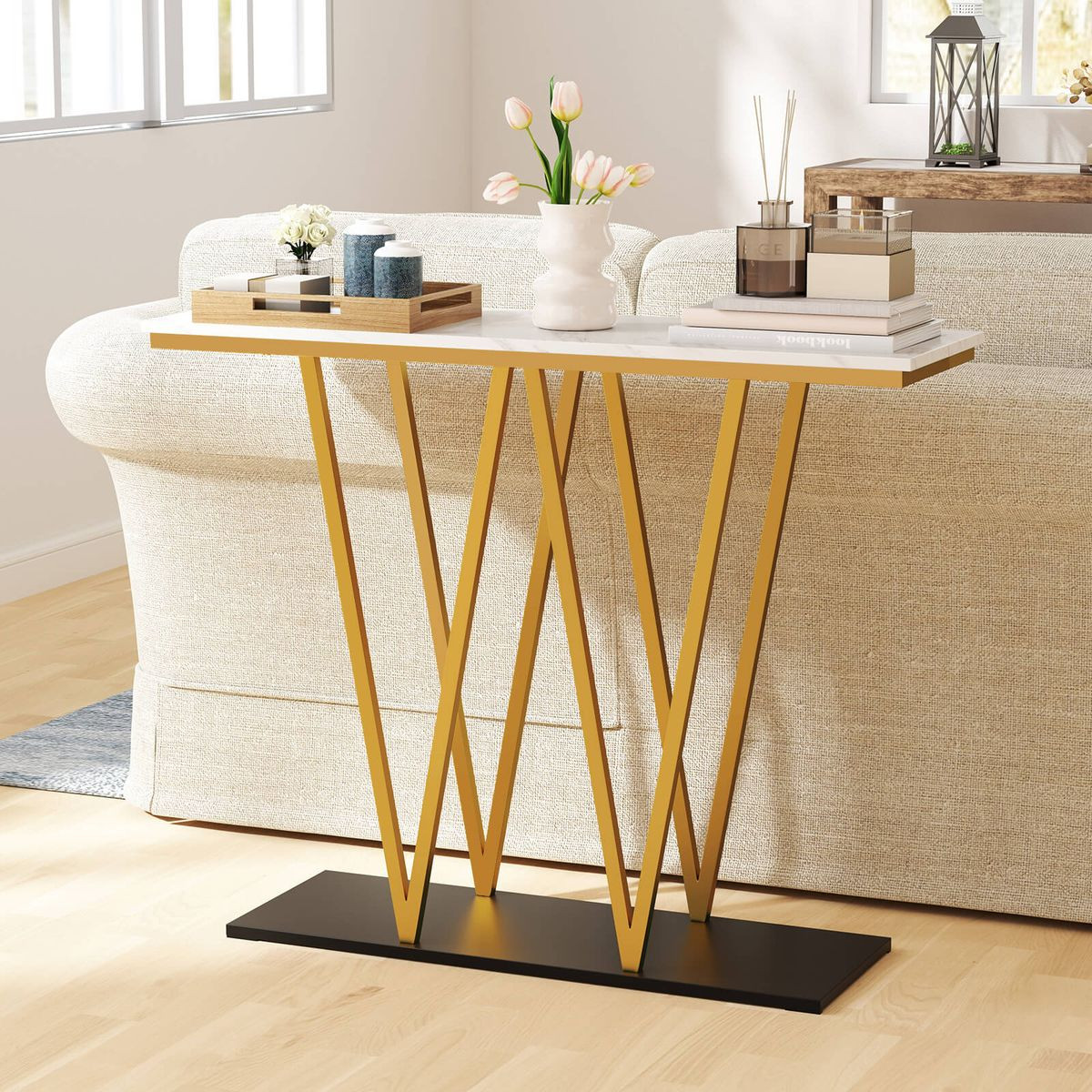 40” Gold Entryway Table with Faux Marble Tabletop and Golden Frame product image