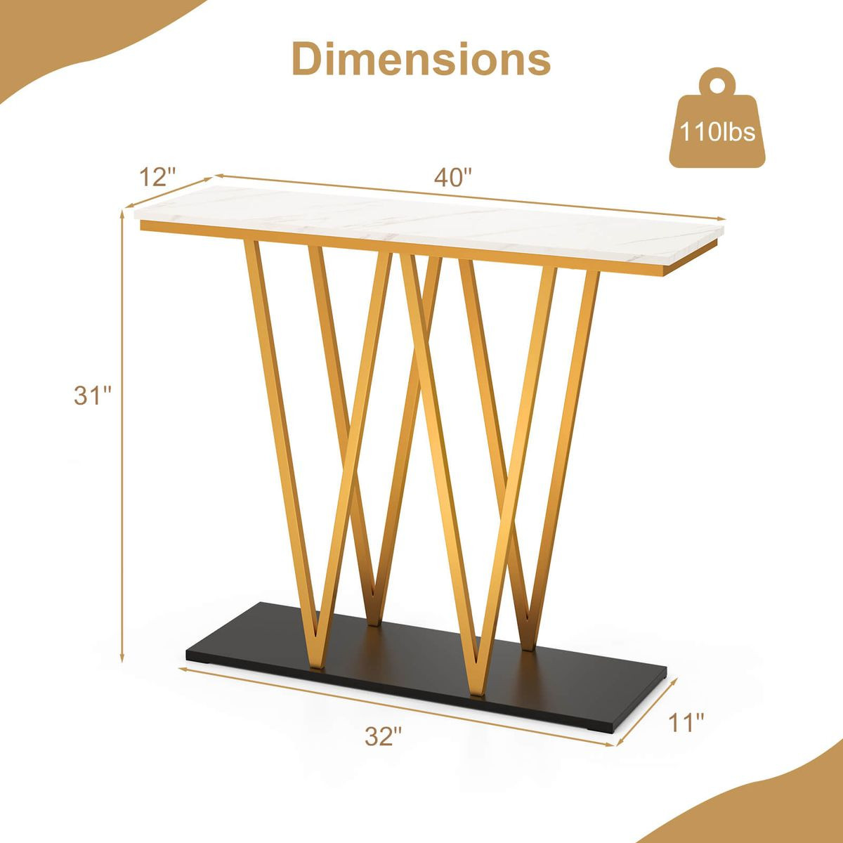 40” Gold Entryway Table with Faux Marble Tabletop and Golden Frame product image