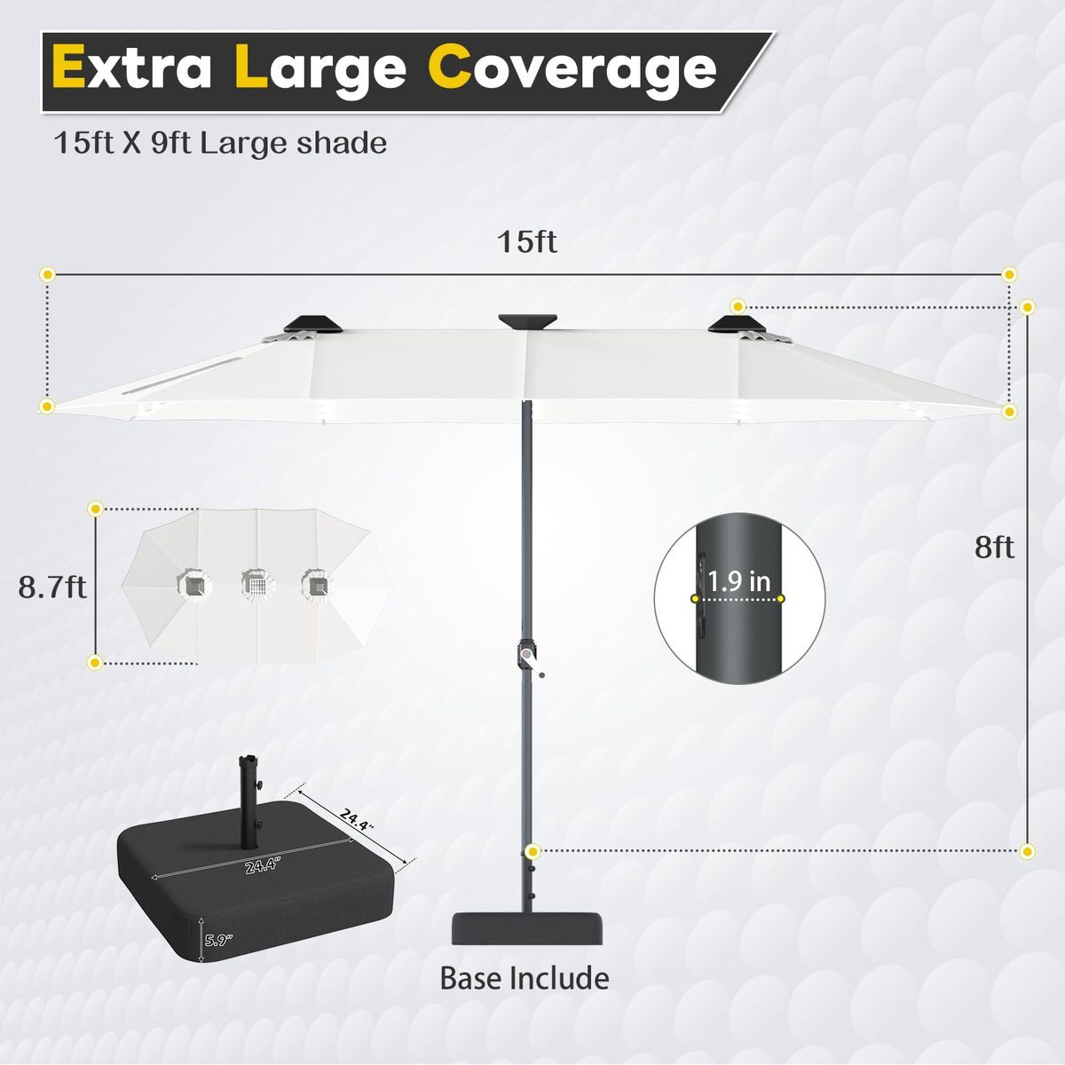 15ft Double-Sided Patio Umbrella with Solar Lights and Base Included product image