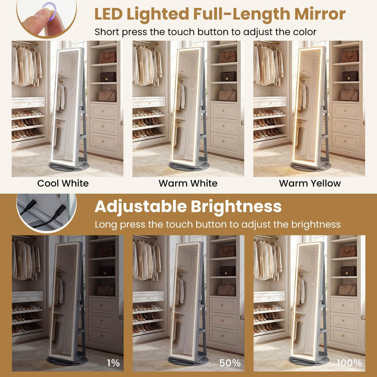 360° Swivel Jewelry Cabinet with LED Lights and Full-Length Mirror product image