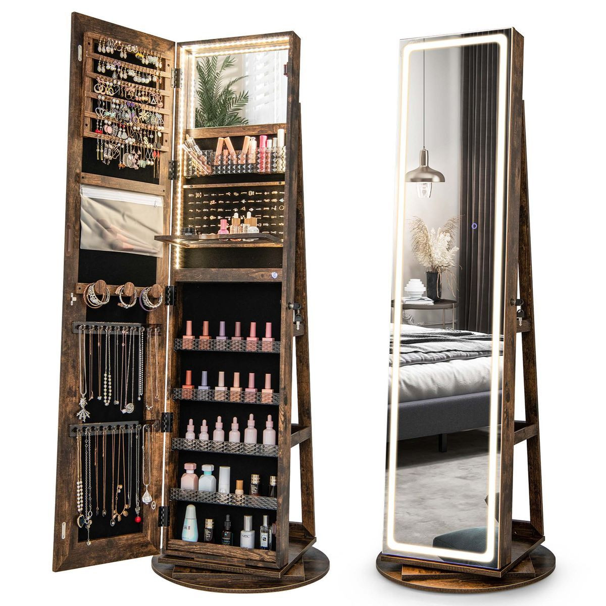 360° Swivel Jewelry Cabinet with LED Lights and Full-Length Mirror product image