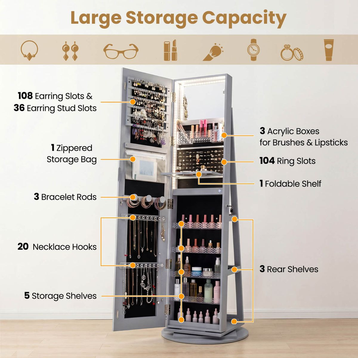 360° Swivel Jewelry Cabinet with LED Lights and Full-Length Mirror product image