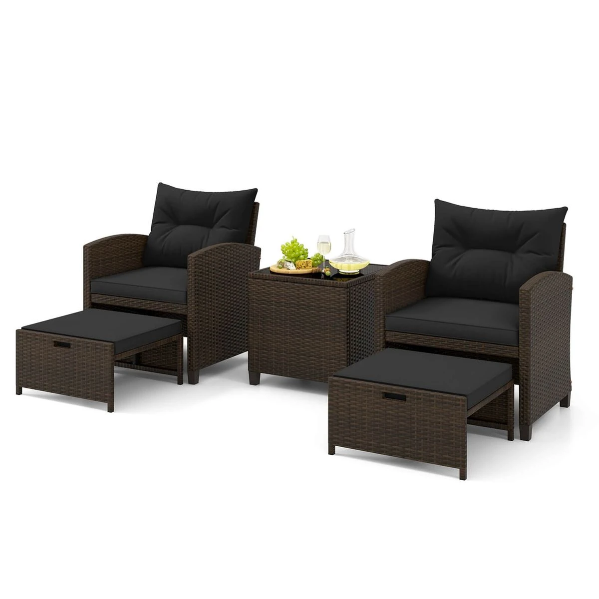 5-Piece Patio Rattan Furniture Set with 2 Ottomans and Tempered Glass  product image