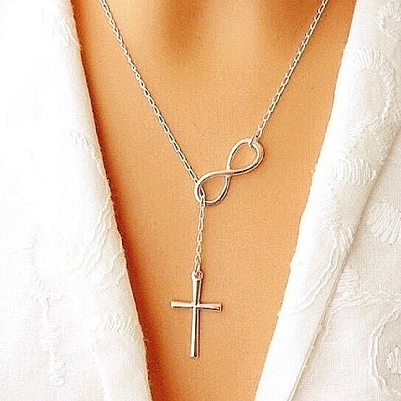 Sterling Silver Plated Infinity Cross Lariat Necklace product image