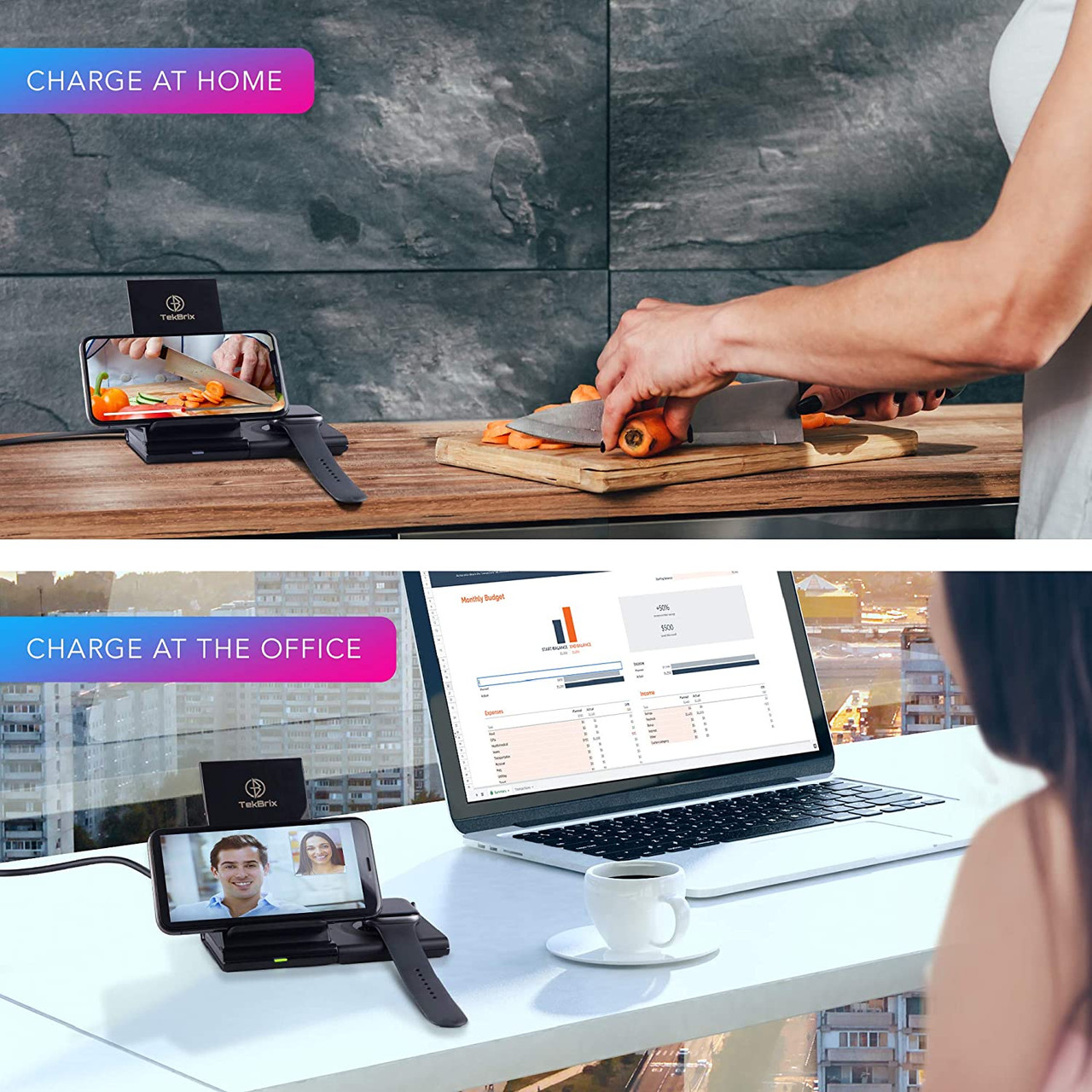 TekBrix® Wireless Charger 2-in-1 Dual Fast Charging Stand & Pad Station product image