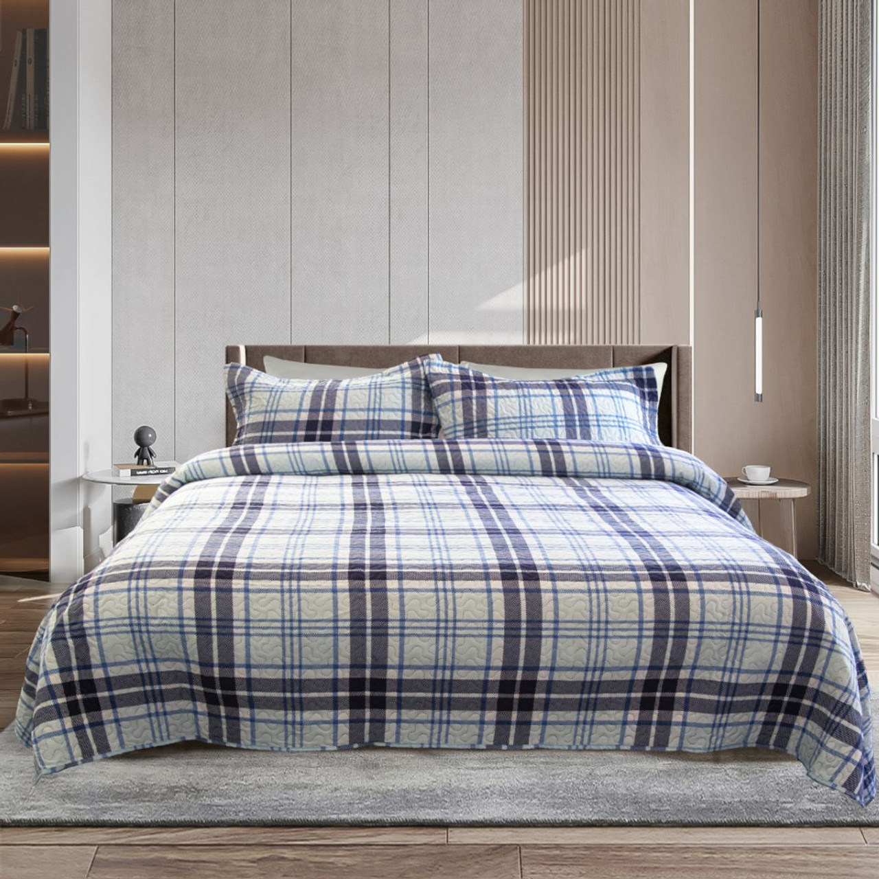 3-Piece Wainscott Blue Plaid Quilt Set  product image