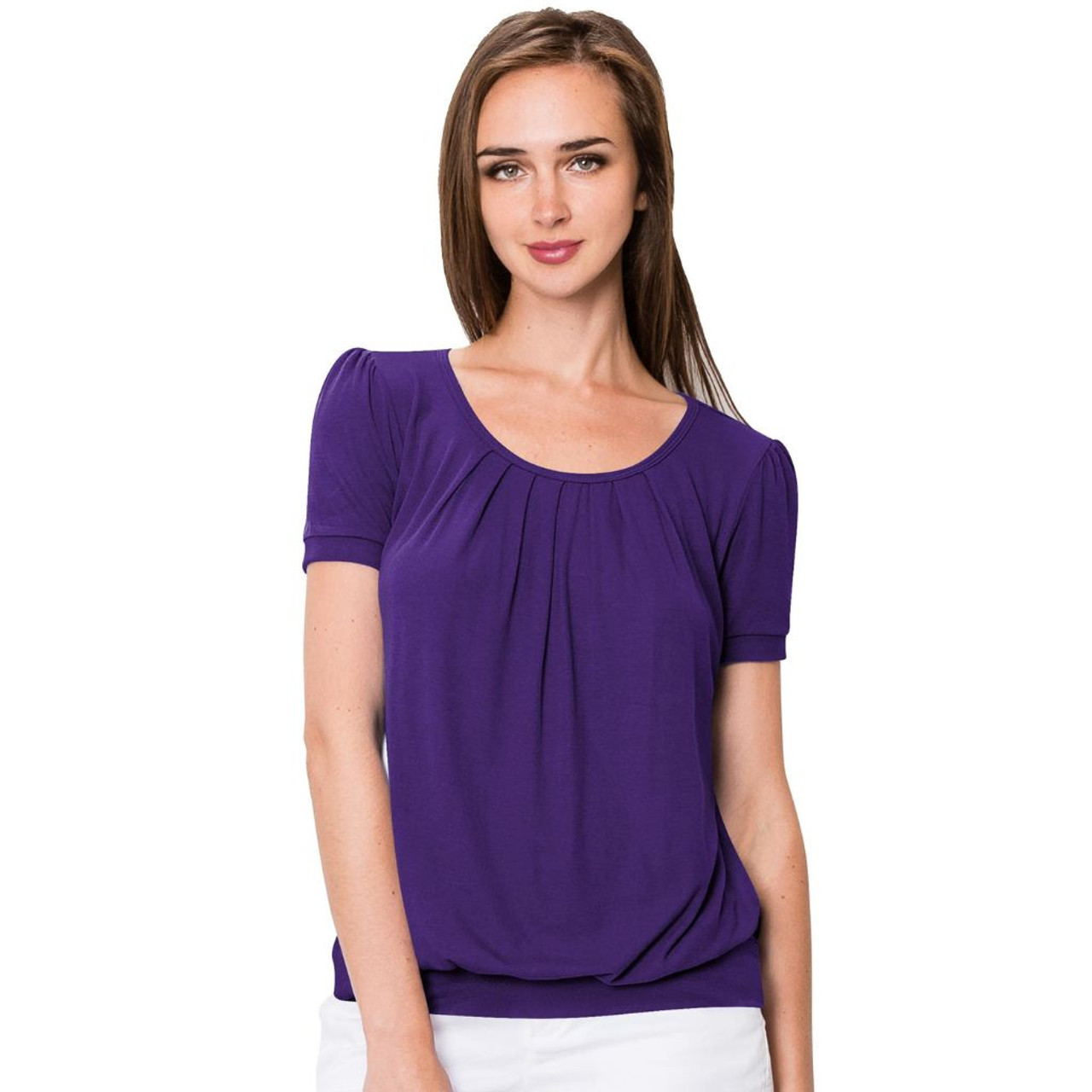 Women's Scoop Neck Short Sleeve Front-Pleated Blouse product image