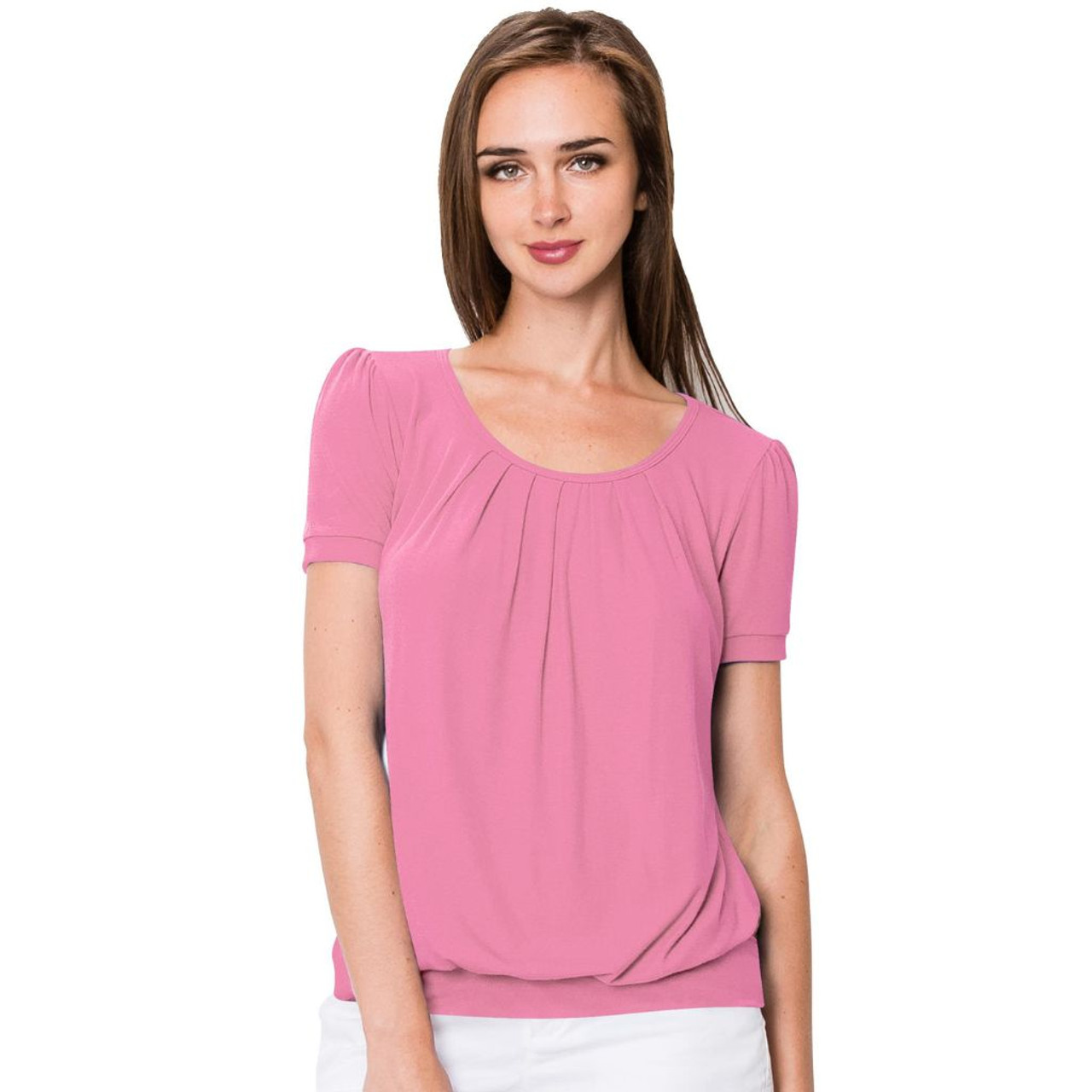 Women's Scoop Neck Short Sleeve Front-Pleated Blouse product image