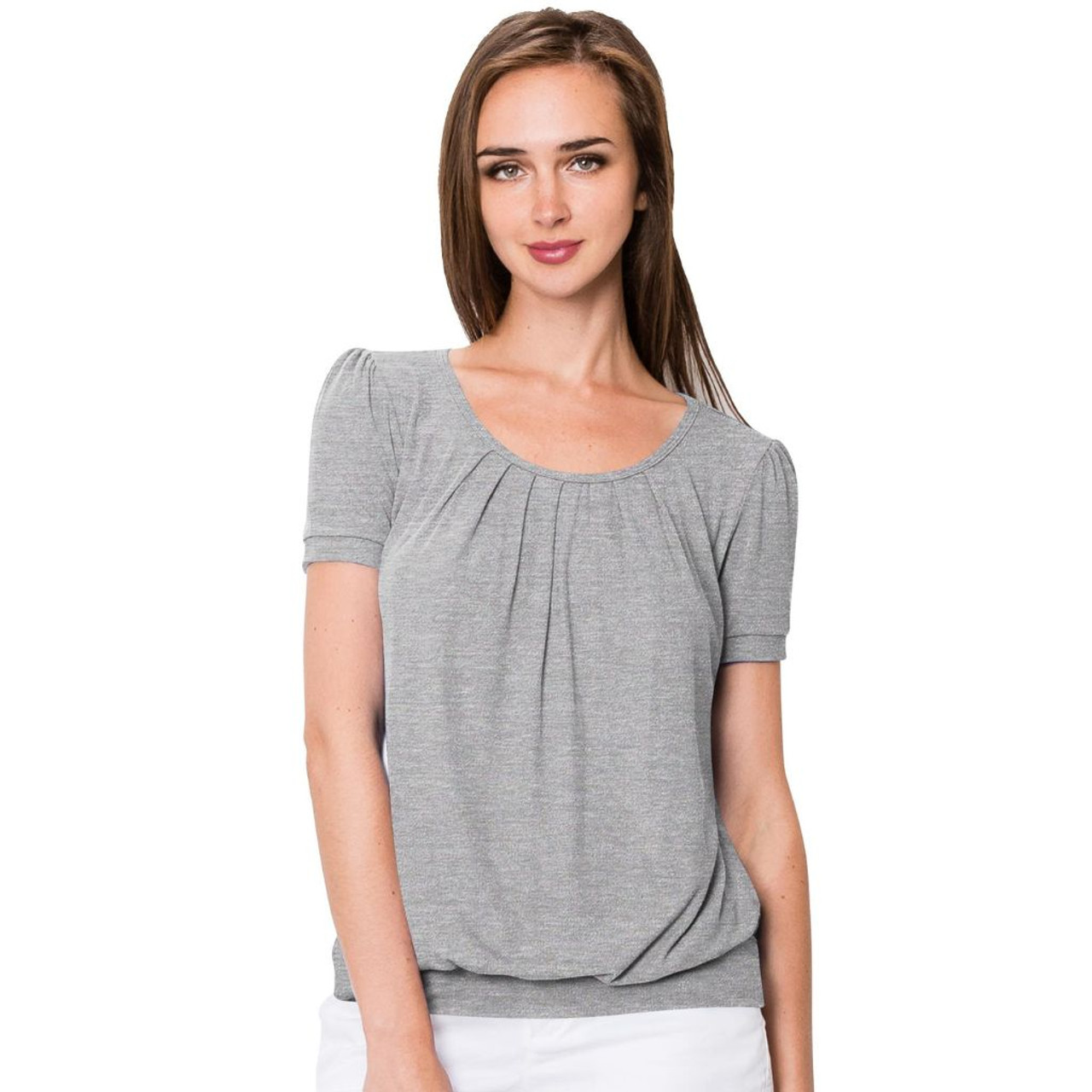 Women's Scoop Neck Short Sleeve Front-Pleated Blouse product image