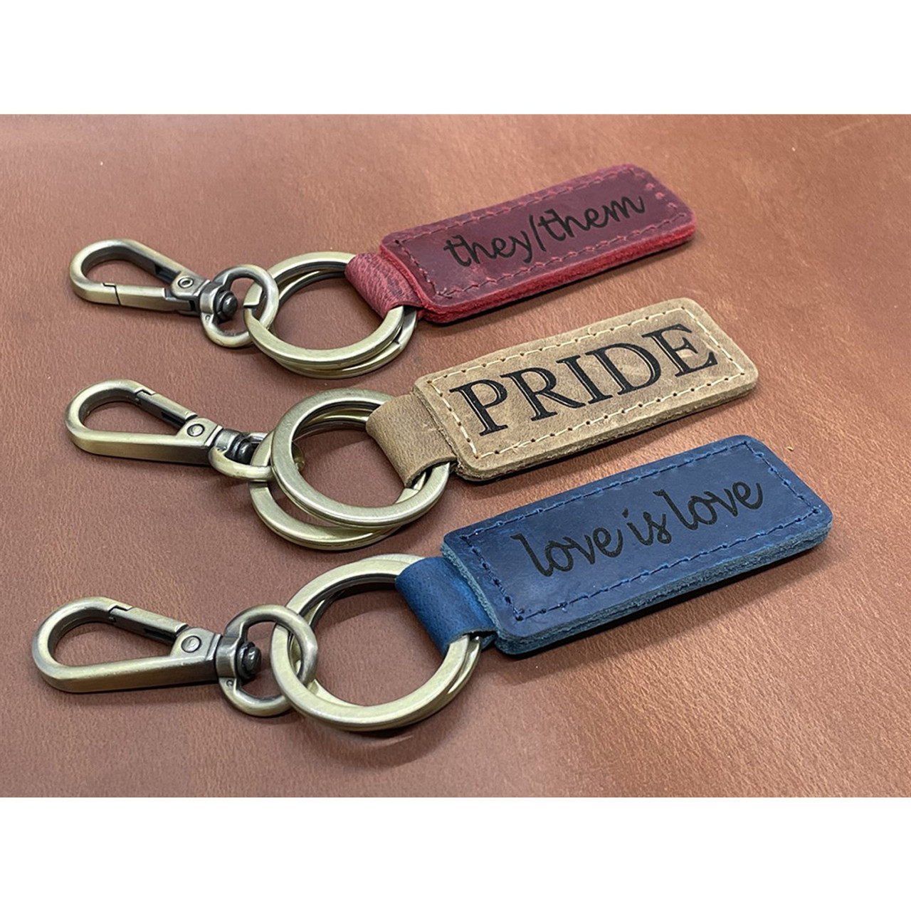 Distressed Leather Custom Engraved Pride Keychain product image