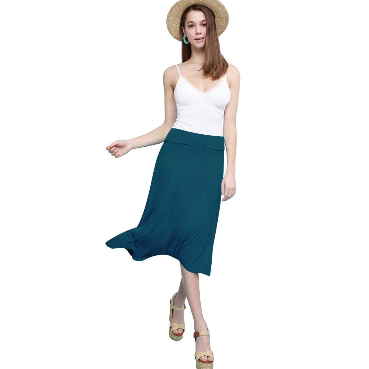 Women's Solid Lightweight Flare Midi Pull-on Skirt product image