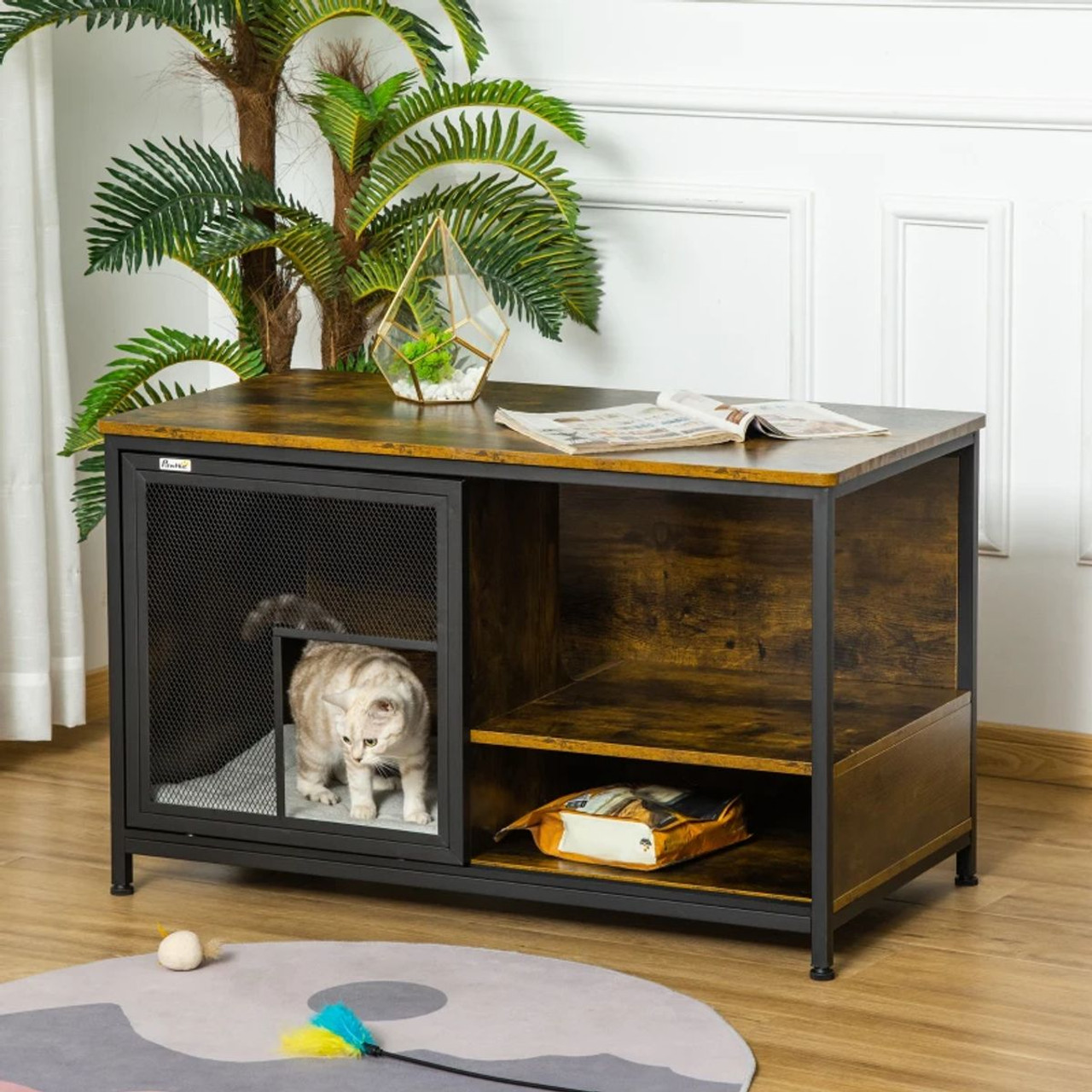 Elevated Kennel Wooden End Table Pet Bed with Removable Cushion product image