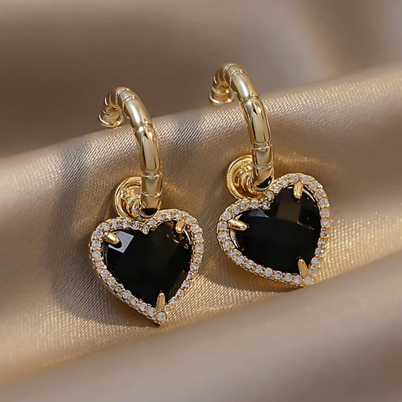 14K-Gold-Plated Black Onyx Heart-Shaped Hanging Earrings product image