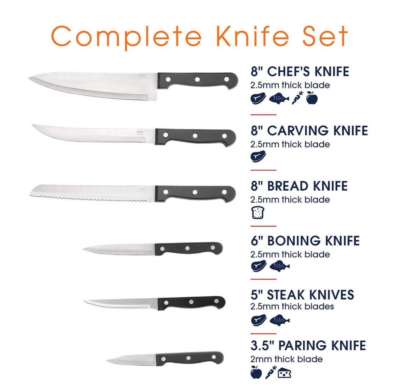 Knife Set With Wooden Block - 15 Piece Set Includes Chef Knife, Bread  Knife, Carving Knife, Utility Knife, Paring Knife, Steak Knife, Boning  Knife