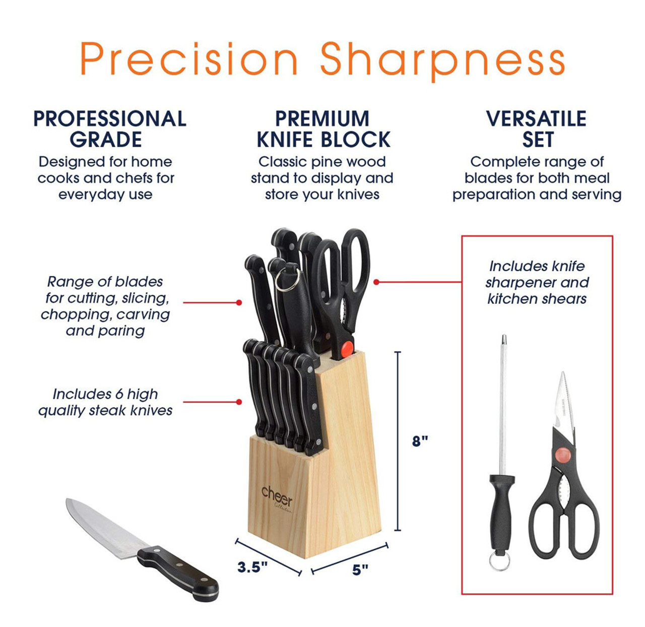 15 Piece Kitchen Knife Set With Pine Block Holder And Sharpener Stainless  Steel