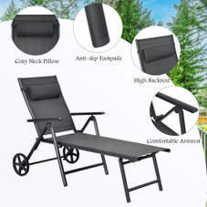 Patio Adjustable-Frame Reclining Chaise Lounge with Wheels and Neck Pillow product image
